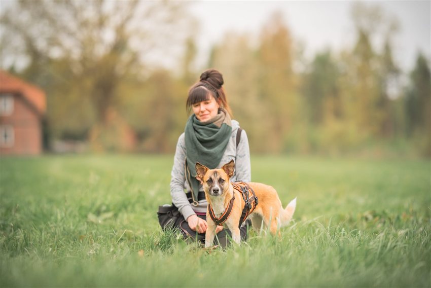 Hundetrainerin kniet mit ihrem kleinen Hund auf einer Wiese: Trainingsurlaub in der Lüneburger Heide